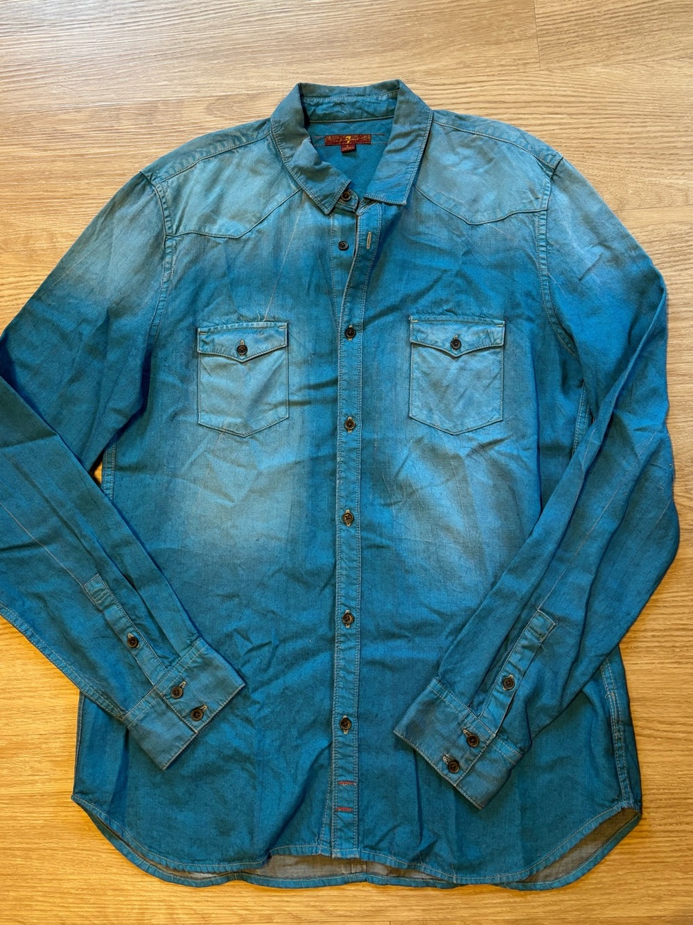 7 For All Mankind Men’s Sz L Distressed Western Style Button Down Lyocelle Blue